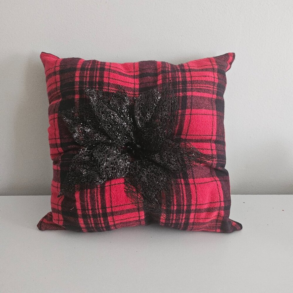 Holiday Red and Black Plaid Poinsettia Throw Pillow